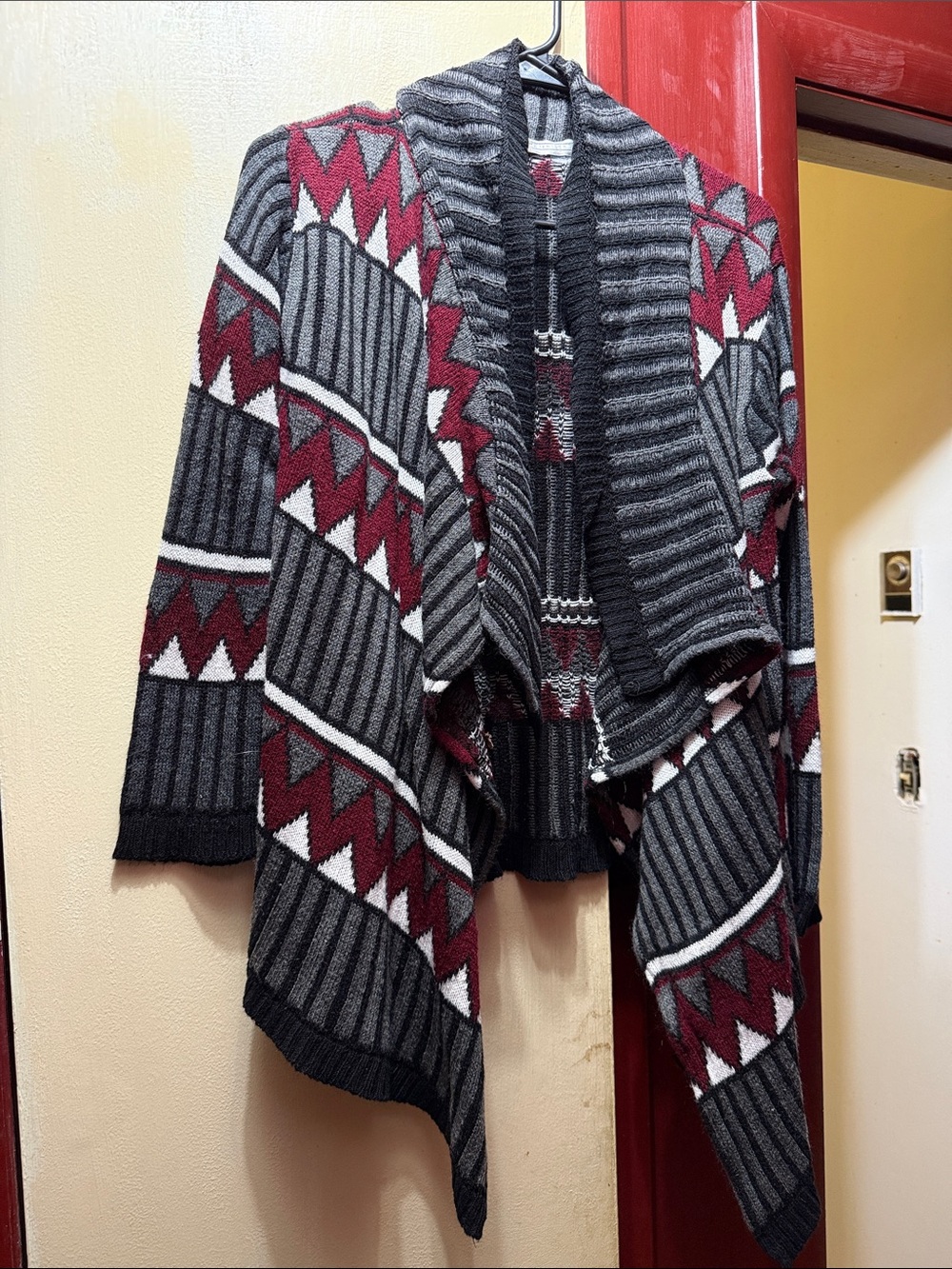 Women’s Open-Front Geometric Knit Cardigan - Gray, Burgundy, White